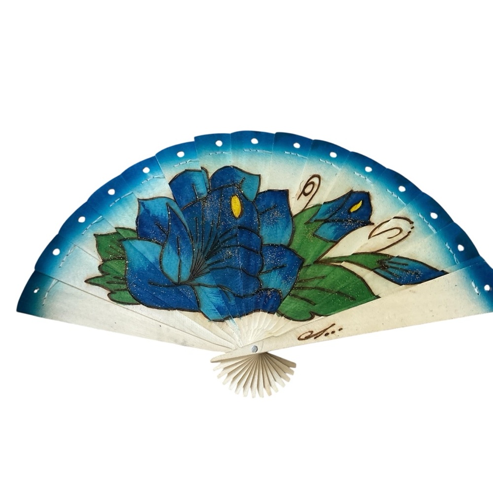 Vintage Hand Painted Floral Wooden Folding Hand Fan Blue Rose